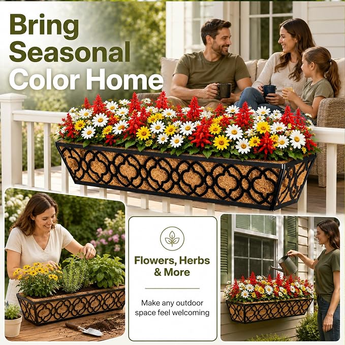 HFHOME 24 Inch Railing Planter Box with Coco Liner, 24" Window Boxes Horse Trough with Coconut Coir Liner, Black Metal Hanging Flower Planter Basket Railing Planter for Outdoor Indoor Lawn - 2 Pack