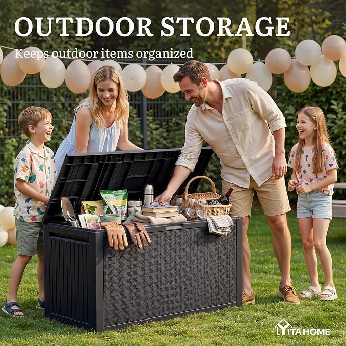 YITAHOME 95 Gallon Outdoor Storage Deck Box, Waterproof Resin Deck Box w/Handles, Lockable Outdside Deck Box for Patio Furniture, Garden Tools, Lockable & UV Resistant(Black)