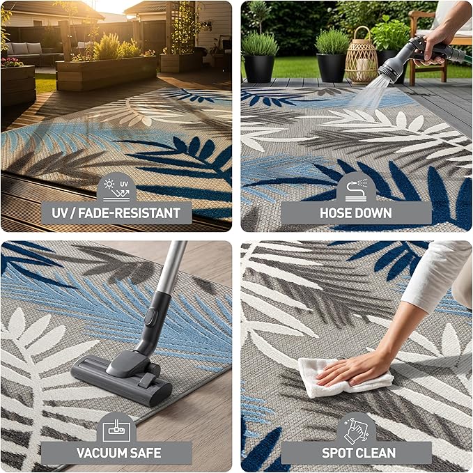 Rugshop Blue Palm Frond Indoor/Outdoor Square Area Rug Easy Cleaning for Patio, Dining Nook and Balcony, 6'6" x 6'6" Square