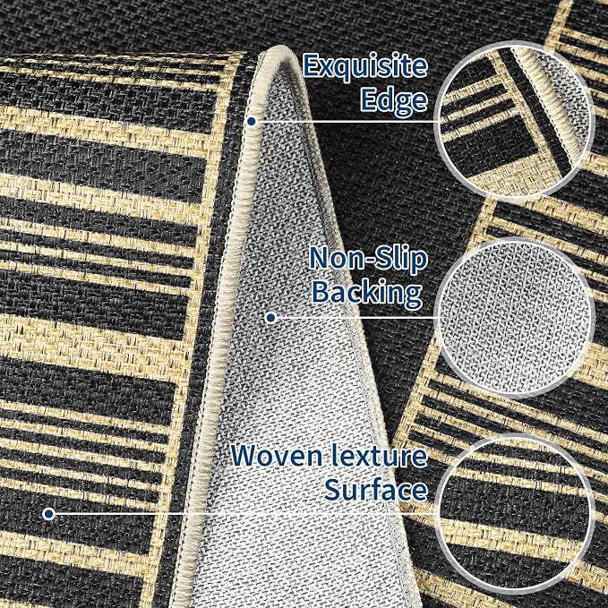COZYLOOM Indoor Outdoor Rugs 8x10 Modern Easy Jute Washable Area Rug,Black | Non Slip Neutral Bordered Non Shedding Stain Resistant Foldable Rug for Living Room Dining Room Bedroom Patio Backyard