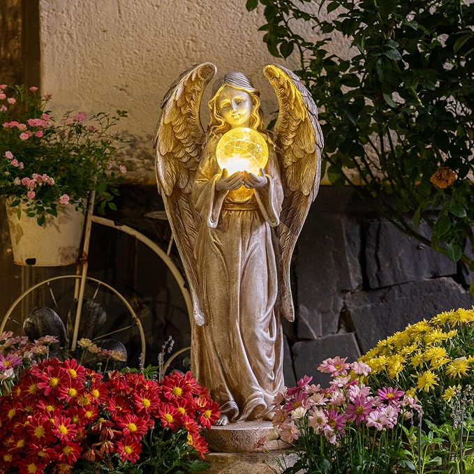 TERESA'S COLLECTIONS Large Angel Garden Statues with Solar Outdoor Light for Outdoor Decor, Fairy Figurine Resin with Wing & Glass Ball for Garden Decor, Yard Decor Lawn Ornament Gifts for Mom, 23"