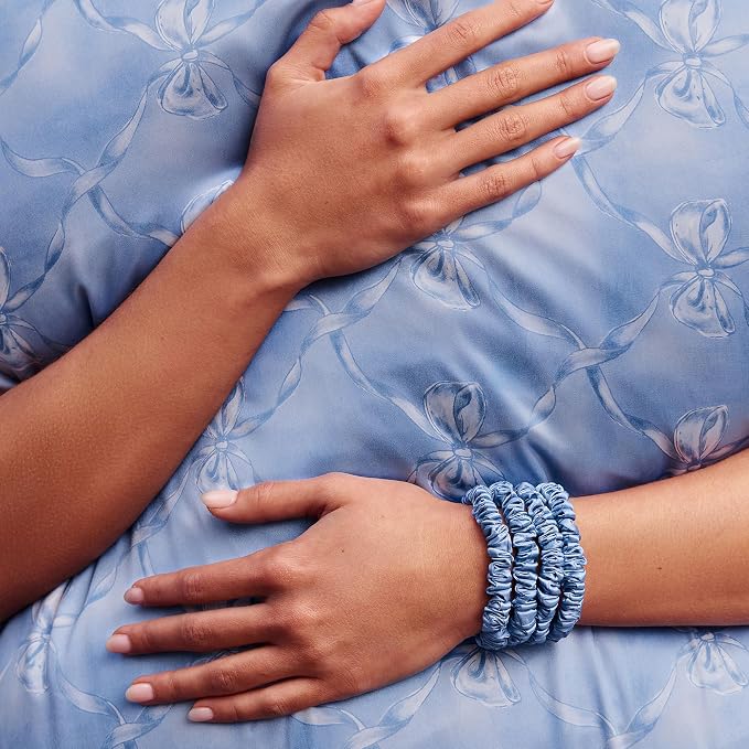 Slip Silk Hair Ties — Skinny Silk Cornflower Scrunchies, No Damage, No Crease, Anti-Breakage |100% Mulberry Silk | All Hair Types | Made with Proprietary Slipsilk™ | Set of 4