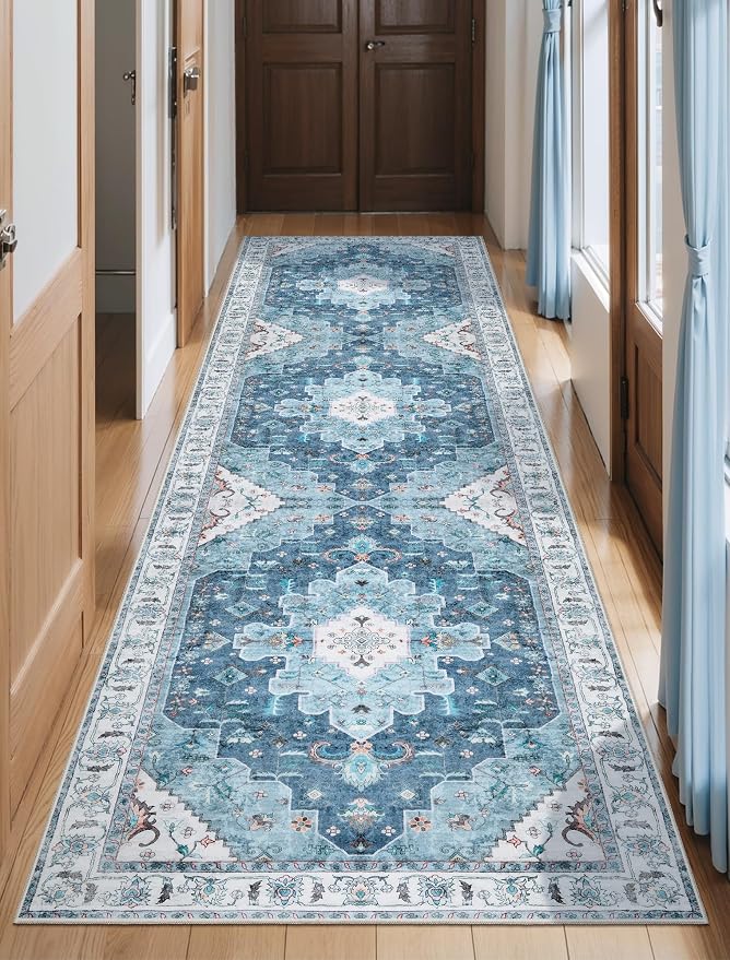 SERISSA 2'6"x8' Washable Non Slip Boho Runner Rug for Hallway | Ultra Soft Vintage Oriental Carpet Low-Pile Distressed Blue Floor Carpet for Kitchen Bedroom Bathroom Laundry Room