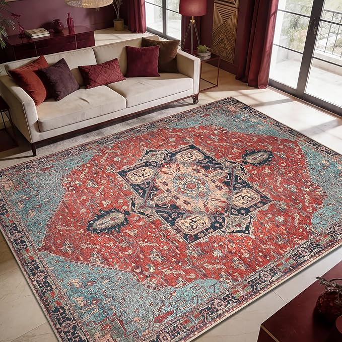 Keen Home Design Vintage Washable Area Rug, Non-Slip Low Pile, 6x9 | Machine Washable Cotton Chenille, 0.25In Low Pile, Rubber Non-Slip Back; Living Room, Dining Room, Bedroom, Office