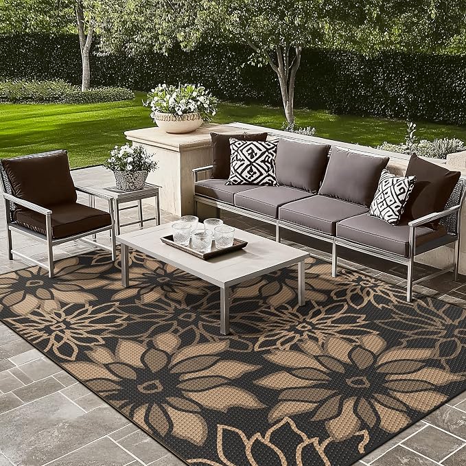 GENIMO Outdoor Rug Waterproof for Patio Decor, 10' x 14' Reversible Plastic Straw Floral Camping Carpet, Large Area Rugs Mats for RV, Camper, Deck, Balcony, Porch, Beach, Picnic, Black & Brown