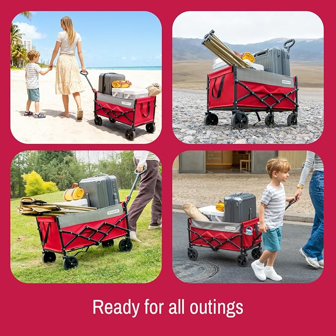 SYNCFUN Collapsible Wagon Cart Foldable, Portable Rolling Shopping Carts on Wheels, All Terrain Folding Sport Beach Wagons for Sand, Heavy Duty Utility Cart for Groceries Fishing 300lbs, Red