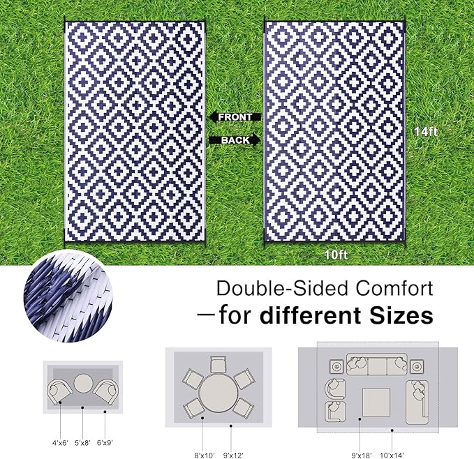 OLANLY Waterproof Outdoor Rug 10x14 ft, Outdoor Plastic Straw Rug for Camping, RV Mat Outside, Indoor Outdoor Carpet for Porch, Deck, Backyard, Balcony, Picnic, Navy & White