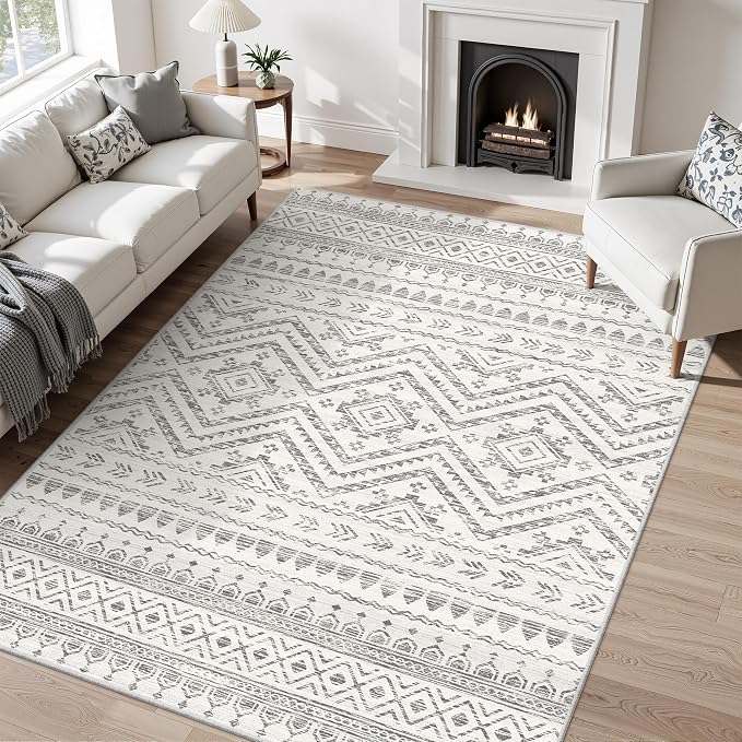 Miukiki 5x7 Washable Area Rug for Living Room, Soft Non Slip Rug Grey | Non-Slip Thin Throw Rug for Bedroom Kitchern Dining Room Office, Low Pile Indoor Floor Carpet with Vintage Pattern 5'x7'