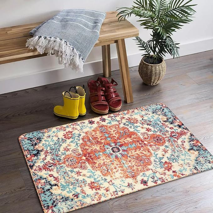 Lahome Reine Bohemian Floral Medallion Area Rug - 2x3 Oriental Distressed Small Bath Rug Country Vintage Doormat Faux Wool Non-Slip Washable Low-Pile Carpet for Bathroom Kitchen Laundry Room Decor
