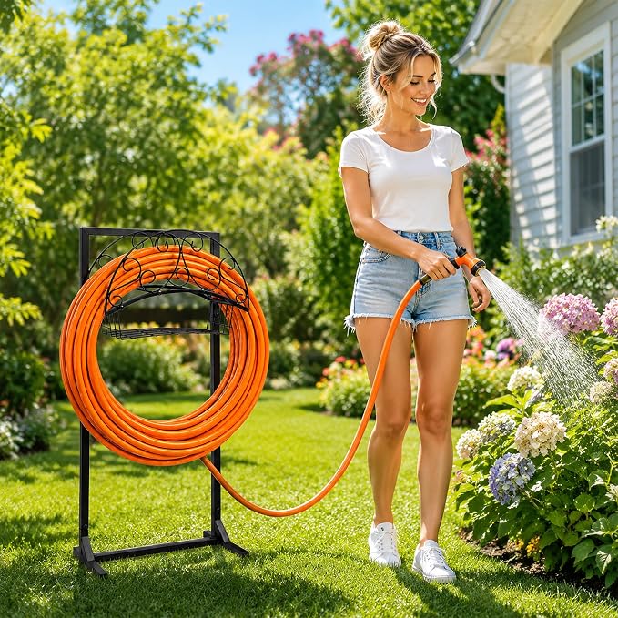 Garden Water Hose Holder - Waterhose Stand for Outside Freestanding, Heavy Duty 5-Spikes Free Standing Hose Hanger Rack Organizer with Storage Basket Holds 160ft Water Pipe for Yard Lawn