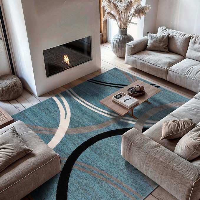 Rugshop Wavy Circles Modern Non-Shedding Area Rug Blue 7'10" x 10'2" | Rectangular, Size 7'10" x 10'2", Living Room, Bedroom, Dining Room, Home Office, Kitchen, Entryway, Hallway, Nursery, Bedside