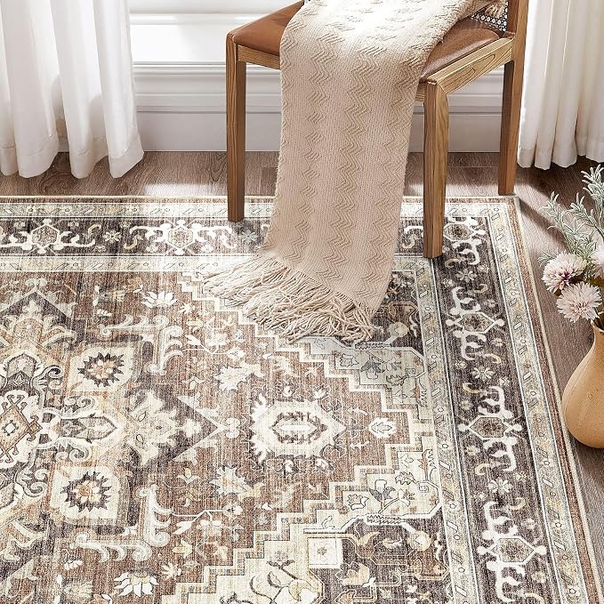 DTICON Vintage Washable 6x9 Area Rug Living Room Rugs, Dark Brown | Boho Distressed, Pet & Kid Friendly, Non-Slip Backing, Soft Polyester, Low-pile Carpet for Living Room, Bedroom, Dining Room
