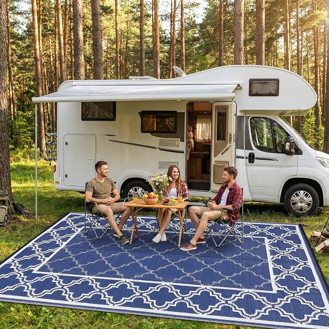 Garvee Reversible Outdoor Rug 5x8, Waterproof Outdoor Plastic Straw Rug with Interlacing Pattern, RV Mat for Picnics, Patio, Camping, Balcony, Deck, Backyard, Porch, Blue