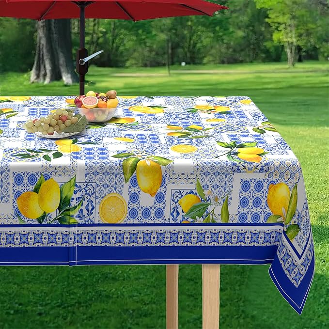 Outdoor Tablecloth with Umbrella Hole and Zipper, Rectangle Patio Table Covers for Spring/Summer, Machine Washable Outdoor Picnic Table Cloth (Mediterranean, 60" × 84" Rectangular)