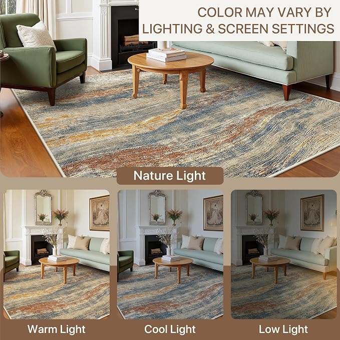 BEIMO 6x9 Washable Area Rug for Living Room, Wave Abstract Taupe Glod | Soft Machine Washable Modern Rug,Streaks Ocean Pattern Non Slip Indoor Marble Brown Carpet for Dining Bedroom Playroom Office