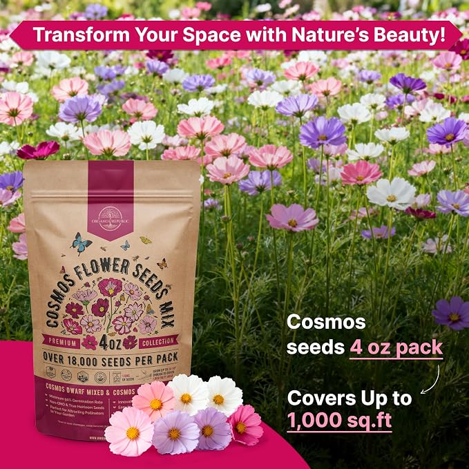 Cosmos Flower Seeds Pack 4 oz - 18,000 Non-GMO Heirloom Annual Seeds for Planting Indoor & Outdoor Gardening, Flower Seed for Garden in Resealable Packet, Floral Mix for Pollinators Perennial Mix