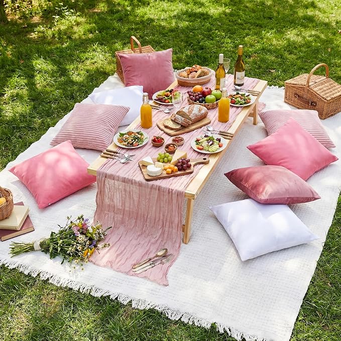 Yuntau Large Outdoor Boho Picnic Blanket with Table Runner 8 Pink White Red Pillows Covers No Pillow Summer Picnic Decor for Camp Birthday Party Bridal Shower Outdoor Backyard Garden(Pink)