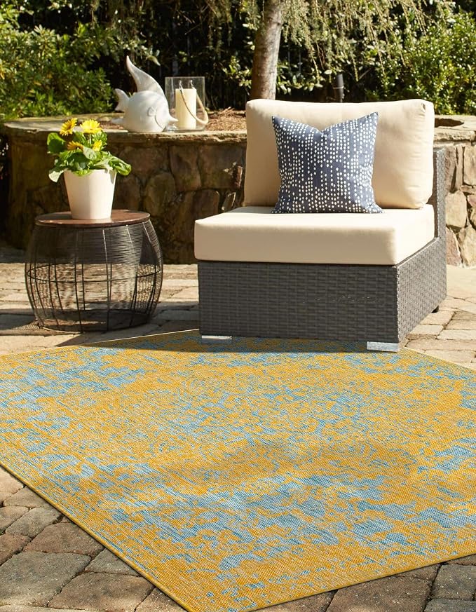 Unique Loom Jill Zarin Jill Zarin Outdoor Collection Area Rug - Dubai (2' 2" x 3' 1" Rectangle, Yellow and Aqua/Light Blue)