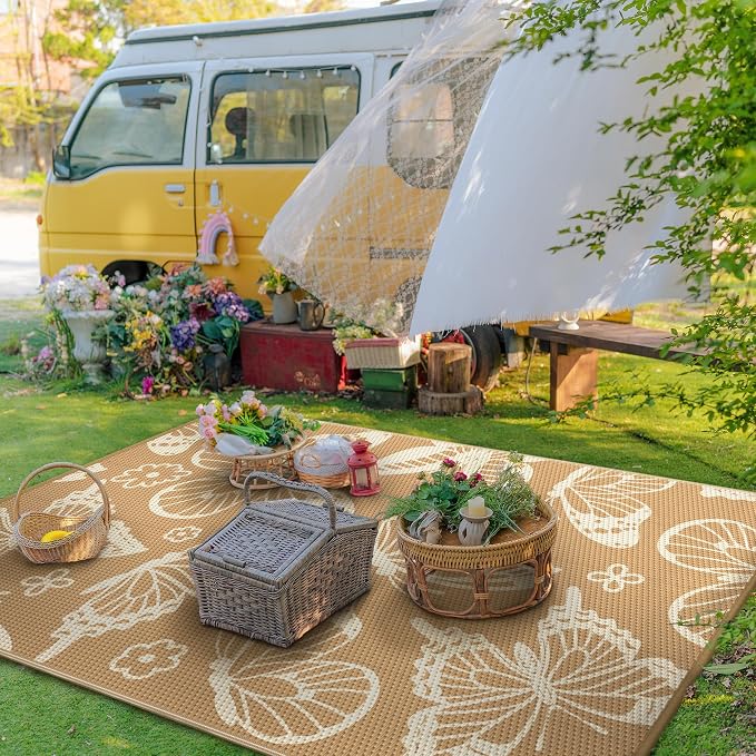 GENIMO Outdoor Rug 6' x 9' Waterproof for Patio Clearance, Reversible Plastic Straw Camping Carpet, Lightweight Mats for Rv, Camper, Deck, Porch, Picnic, Beach, Balcony,Light Brown & Beige