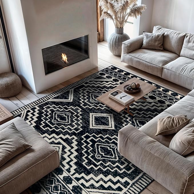Rugshop Southwestern Geometric Tribal Boho Area Rug Soft Black 7' 10" x 10' | Rectangular, Size 7' 10" x 10', Living Room, Bedroom, Dining Room, Home Office, Kitchen, Entryway, Hallway, Nursery, Bedside
