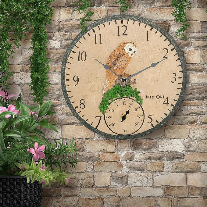 Outdoor Clock with Thermometer, Poly Resin Indoor and Outdoor Clock, Hanging Wall Clock, 12 Inch Retro Waterproof Wall Clocks for Patio, Pool, and Indoor Areas (Owl)