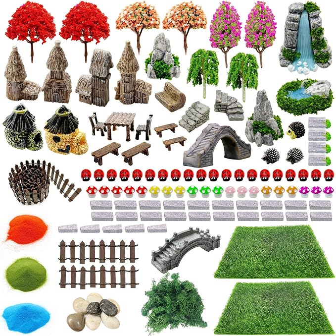 Woohome 121 PCS Mini Garden Accessories, Mini Zen Garden Accessories, Fairy Garden Kit Miniature Figurines for Diorama Project DIY, Mini House Decor