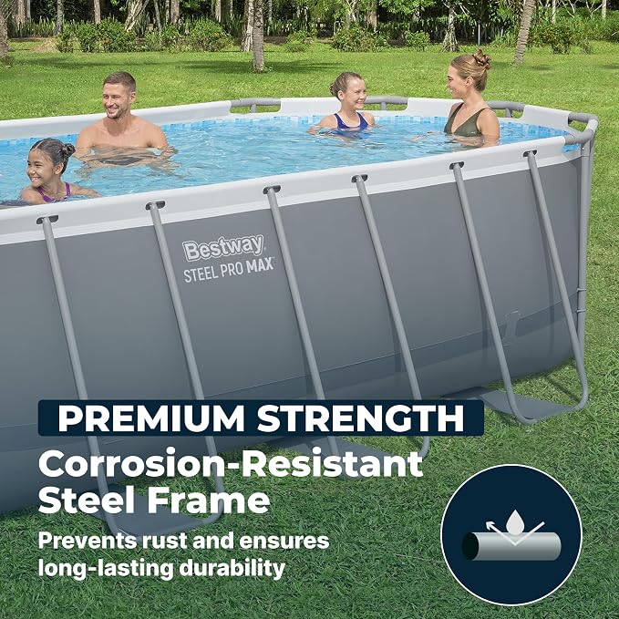 Bestway Steel Pro MAX 18' x 9' x 48" Above Ground Pool Set with Pump | Durable Oval Metal Frame Outdoor Backyard Swimming Pool, Puncture-Resistant Liner - Ladder and Cover Included, Gray