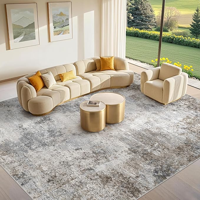 Tortania Washable 8x10 Area Rug for Living Room: Modern Abstract Neutral Large Soft Thin Rugs - Non Slip Indoor Carpet for Bedroom Dining Room Office Nursery Home Floor Decoration - Ash Taupe