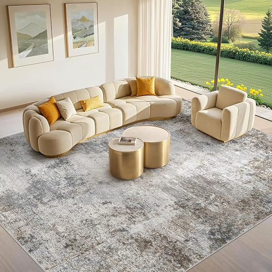 Tortania Washable 7x9 Area Rug for Living Room: Modern Abstract Neutral Large Soft Thin Rugs - Non Slip Indoor Carpet for Bedroom Dining Room Office Nursery Home Floor Decoration - Ash Taupe