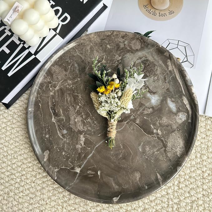 Real Natural Marble Round Tray 10.2in Solid Stone Decorative Plate | Luxury Brown Marble Decor Tray for Candle, Jewelry, Plant. Food-Safe Solid Stone Serving Dish with Unique Veining