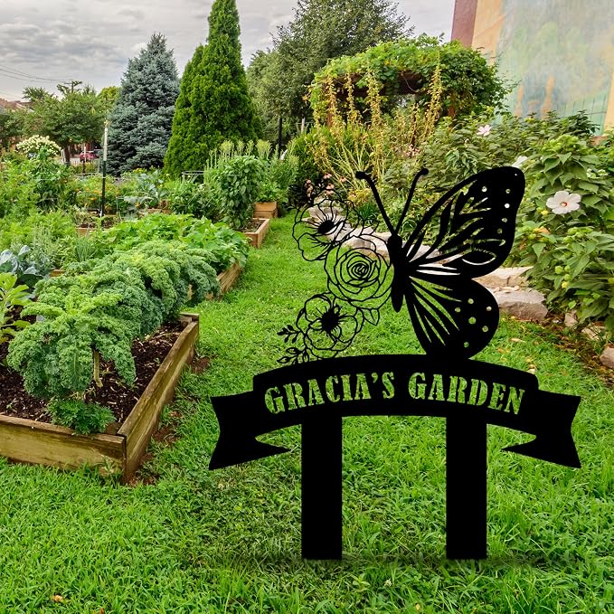 Personalized Butterfly Metal Garden Sign with Stake, Custom Garden Decor for Outdoor, Custom Large Family Name Sign, Patio Decorations, Lawn Art, Farmhouse Decorative, Housewarming Gift