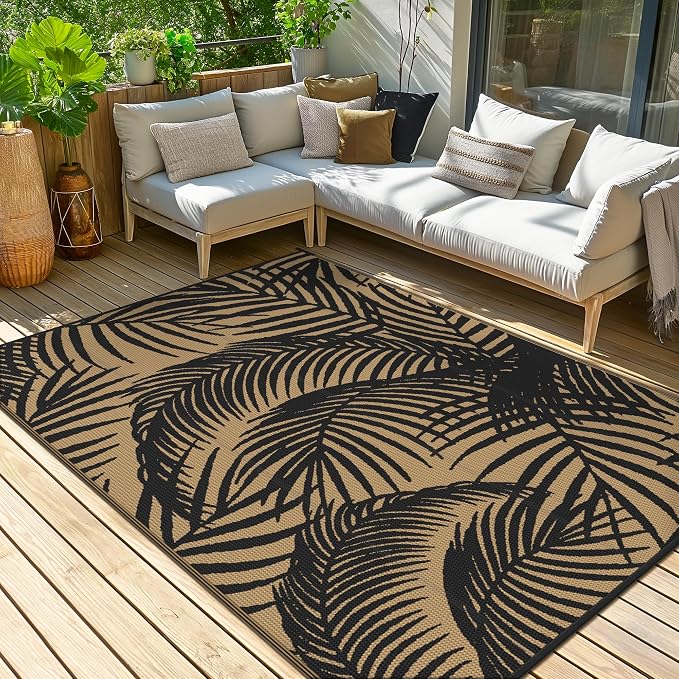 GENIMO Outdoor Rug 8' x 10' Waterproof for Patio Clearance, Reversible Plastic Straw Camping Carpet, Lightweight Mats for Rv, Backyard, Deck, Porch, Picnic, Beach, Balcony, Pitch Black & Brown