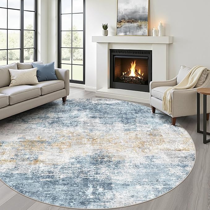LOONGRUG Round Rug 5x5 Washable Neutral Rug for Living Room Blue Gold | Circle Abstract Soft Stain Resistant Indoor Non-Slip Carpet for Bedroom Nursery Kids Office Playroom
