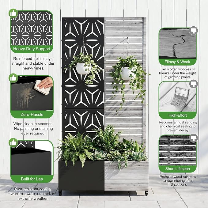 Casaphoria Metal Raised Garden Bed with Trellis and Wheels, 72"x35"x16" Planter Box for Climbing Plants, Vegetables & Vines, Features Drainage Holes and Privacy Screen (Black-Star)