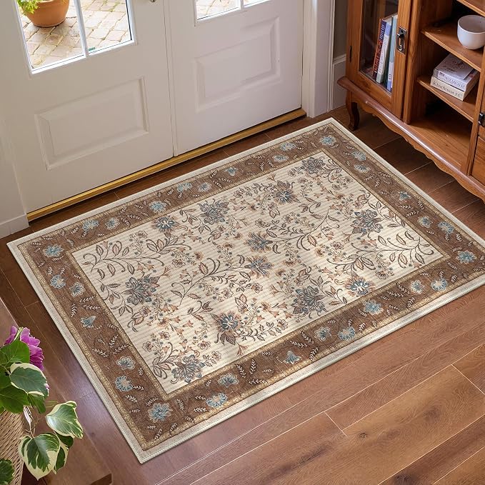 GarveeHome Small Brown Entryway Rug 2x3 Washable Front Door Rug Doormat | Low Pile Indoor Entrance French Floral Carpet Non-Slip Beige Throw Rugs for Kitchen, Powder Room, Entry, Bathroom, Kids Room
