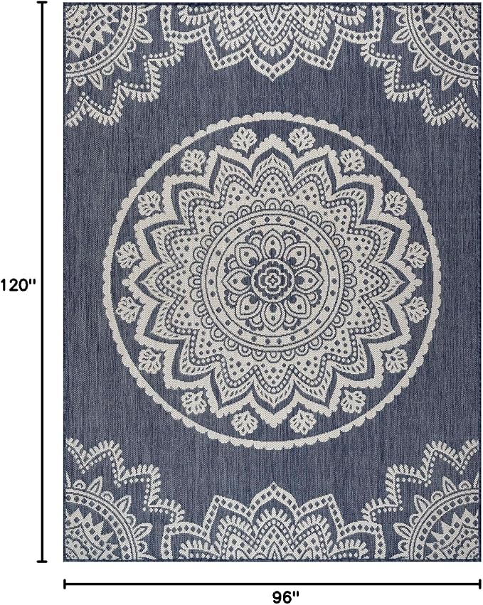 CAMILSON Outdoor Rug 8x10 Modern Area Rugs for Indoor and Outdoor Patios and Porches - Waterproof, Washable, Non-Shedding, Easy-to-Clean Outside Carpet (8 x 10, Medallion - Blue/White)