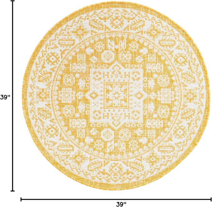 Unique Loom Outdoor Aztec Collection Area Rug - Chalca (3' 3" Round, Yellow/ Ivory)