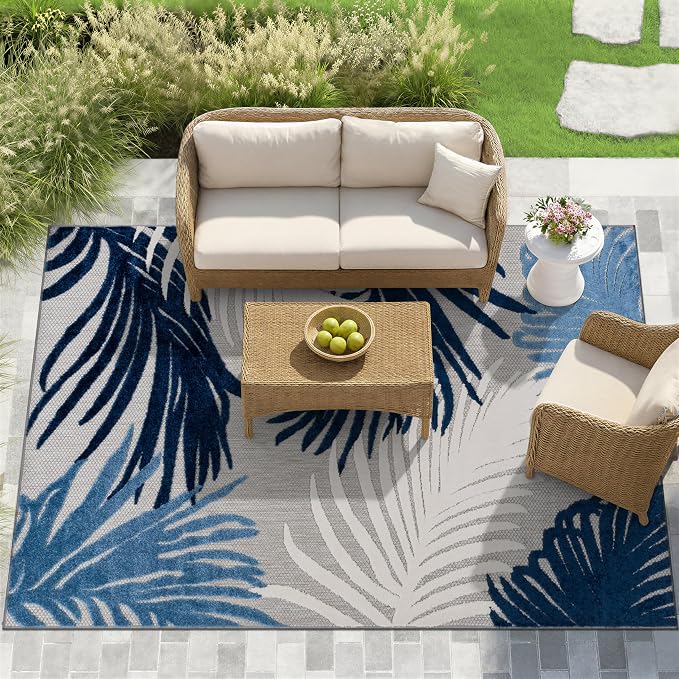 Rugshop Navy Lucca Contemporary Floral Indoor/Outdoor Area Rug Durable Polypropylene, Weather Resistant, Easy to Clean for Backyard, Deck and Outdoor Lounge 8'8" x 12'