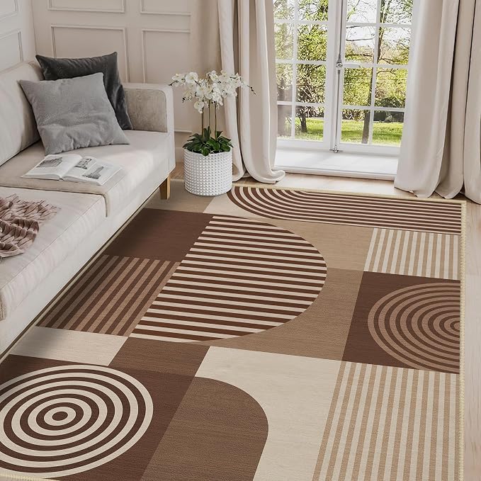 Brown Geometric Area Rug 4x6 for Living Room Rug Machine Washable Minimalist Line Mid Century Modern Rugs Non Slip Low Pile Indoor Floor Carpet for Bedroom Dining Room Laundry Office,Brown
