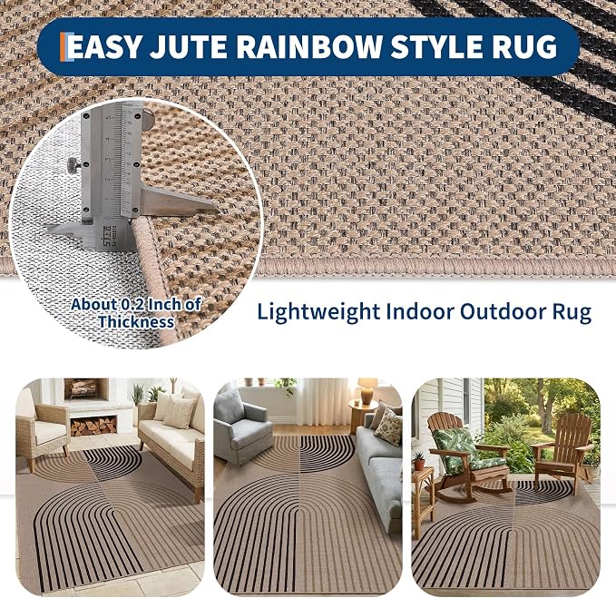 GarveeHome Modern Rainbow Easy Jute 3x5 Patio Rug Washable Rugs for Entryway Farmhouse Non Slip Indoor Door Mat Carpet for Entry Mudroom Porch Decor