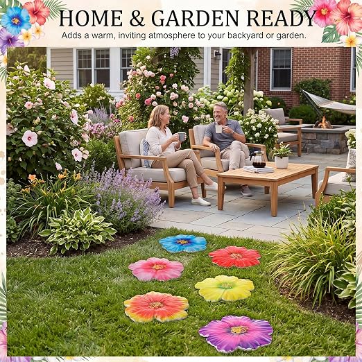 Landical 6 Pack Decorative Stepping Stones for Garden 10 Inch Cement Flower Stepping Stones Decoration for Patio Walkway Yard Outdoor(Hibiscus)