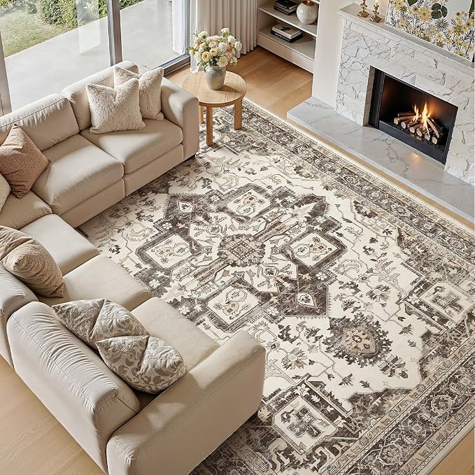 Vintage Washable 6x9 Area Rug for Living Room, Dark Brown | Soft Low Pile Rug with Non-Slip Backing, Stain Resistant for Bedroom or Dining Room, Kid & Pet Friendly