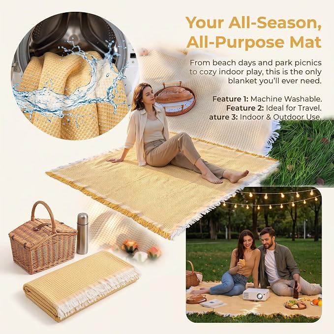 70"x 70" Picnic Blanket Extra Large,Layer Outdoor Blanket for 5 to 7 Adults,Camping Grass Lawn Park Accessories Cute Couple Gifts Ideas Wedding Registry for Park, Beach (Yellow)
