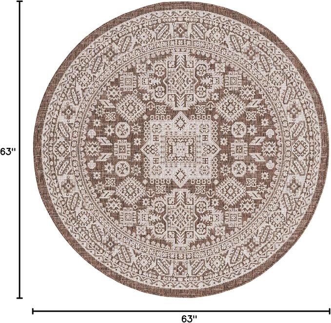 Unique Loom Outdoor Aztec Collection Area Rug - Chalca (5' 3" Round, Brown/ Ivory)