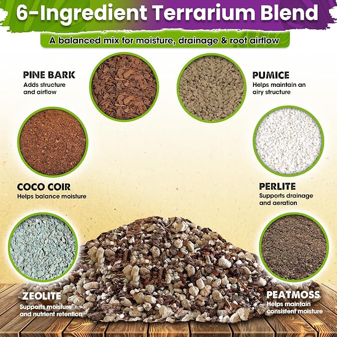 DUSPRO Premium 6in1 Terrarium Soil Mix – Pre-Mixed Terrarium Substrate Mix for Terrariums, Balanced Moisture Growing Medium with Coco Coir, Peat Moss, Pine Bark, Perlite, Pumice & Zeolite 4QRT