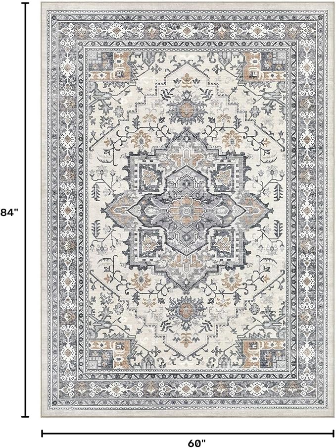 UERMEI 5x7 Area Rug Living Room Rugs - Washable Vintage Soft Large Rug Indoor Floor No Slip Rug Carpet for Bedroom Farmhouse Under Dining Table Home Office Decor - Grey-Orange
