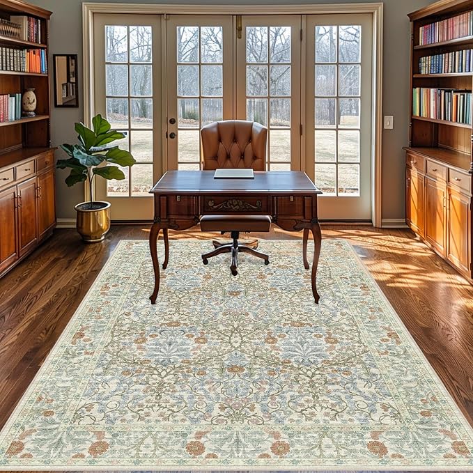 Vintage Beige Blue Living Room Rug, 5x7 Washable Area Rugs for Dining Room Under Table, Soft Low Pile Large Carpet Bedroom, Non-Slip Boho Floral (5 x 7 Beige Blue)