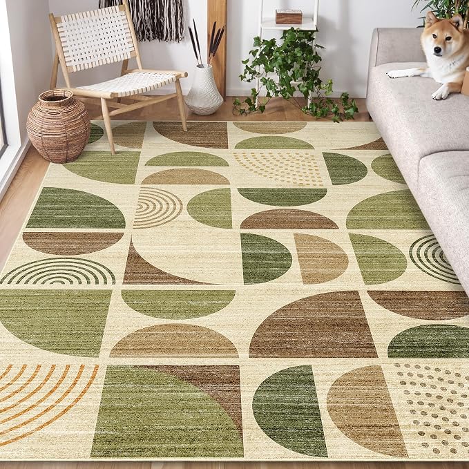 5x7 Area Rugs Washable,Boho Rugs Non Slip Modern Abstract Large | Throw Carpet for Living Room Bedroom Dining Room Soft Low Pile Floor Indoor Bohemian Vintage Green and Brown