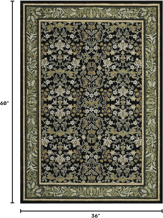 GarveeHome Washable 3x5 Entryway Rugs Non Slip Kitchen Area Rug Green Black | Boho Vintage Soft Low Pile Stain Resistant Indoor Carpet for Living Room Bedroom Hallway Nursery Home Office
