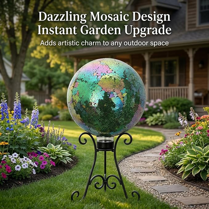 10" Mosaic Glass Gazing Ball for Garden Decor, Gazing Globe | Iridescent Glass Mosaic Gazing Globe, Outdoor Garden Orb for Yard, Patio, Lawn & Flower Bed Decor